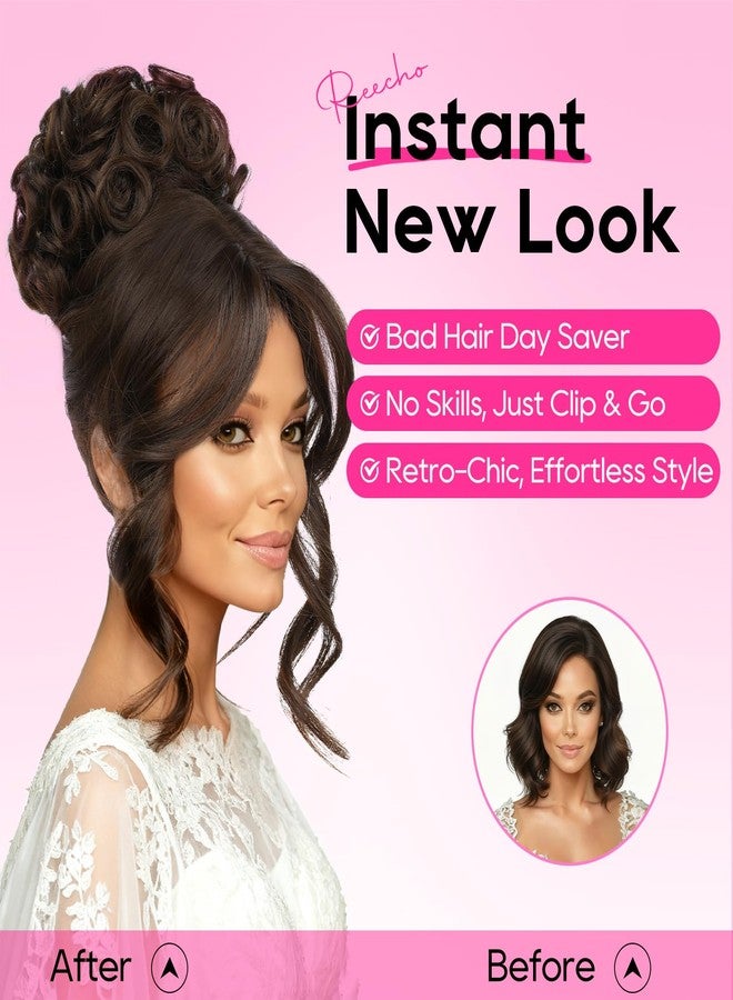 REECHO Messy Bun Hair Piece with Bangs - 2-in-1 Hair Bun Hairpieces Curly Updo Wig & Hair Topper with Long Side Bangs Natural-Looking Drawstring Ponytail Extension for Women - Black Brown - Image 5